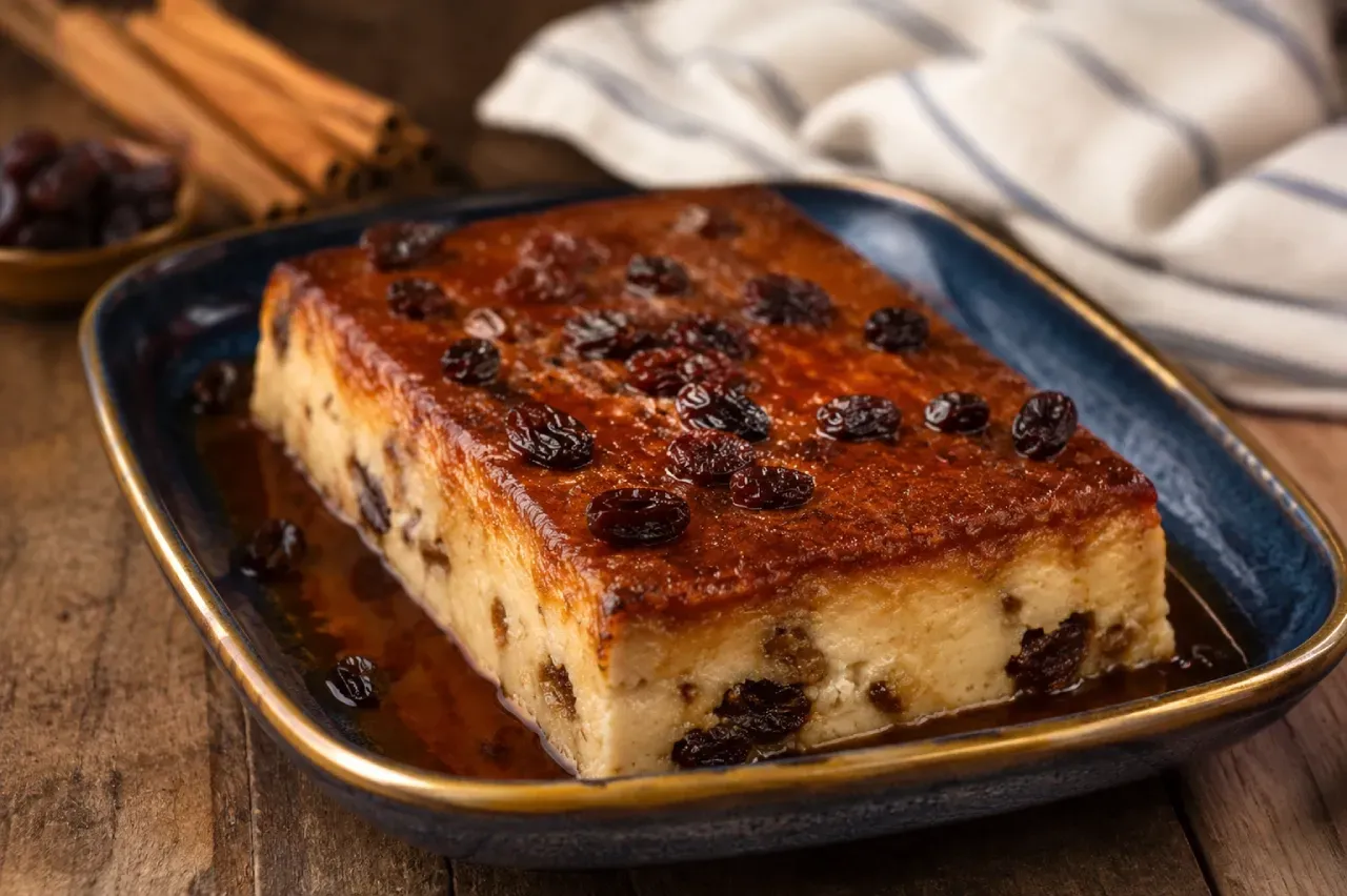 Budín de pan o colegial chileno con caramelo, preparado con pan, leche y huevos.