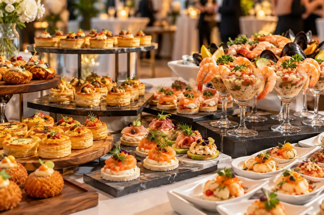 Mesa de cóctel para eventos con bocados calientes, canapés fríos, tapaditos, cóctel de camarones
