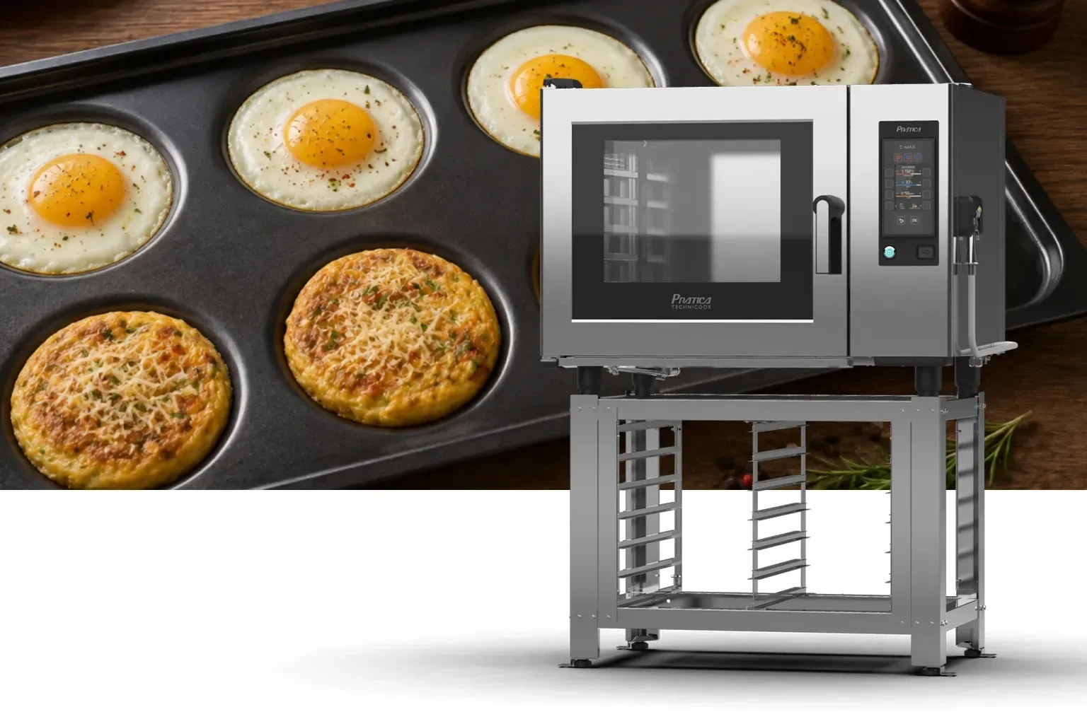 Horno combinado Prática C-MAX 6 EVO con recipiente Gastronorm para huevos