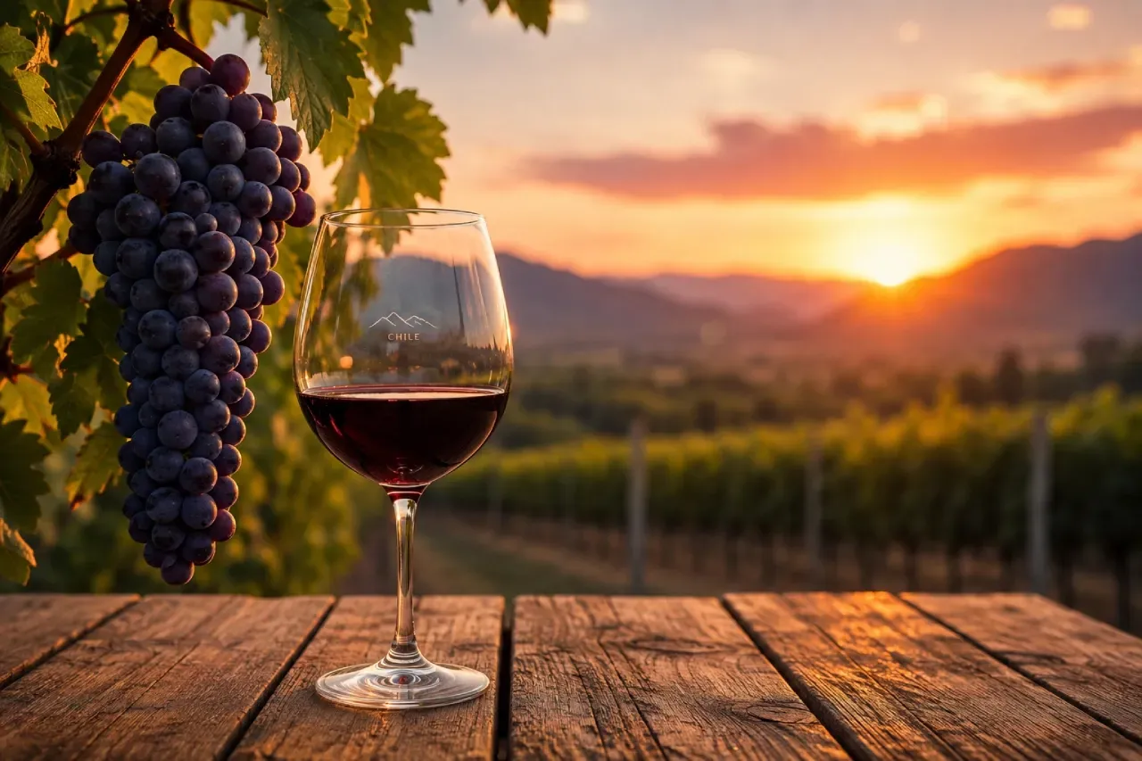 Copa de vino tinto y uvas en un viñedo chileno al atardecer por el Día del Vino Chileno.
