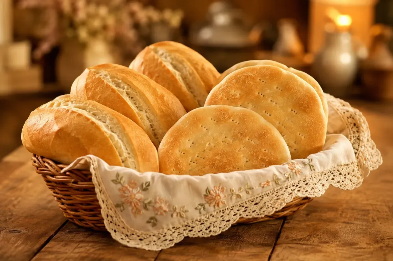 Marraquetas y hallullas chilenas en una canasta, panes típicos de Chile para el Día Mundial del Pan.
