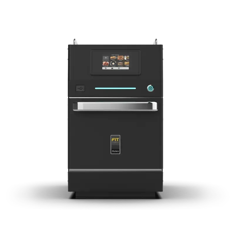 Un horno negro con pantalla táctil y asa sobre fondo blanco.