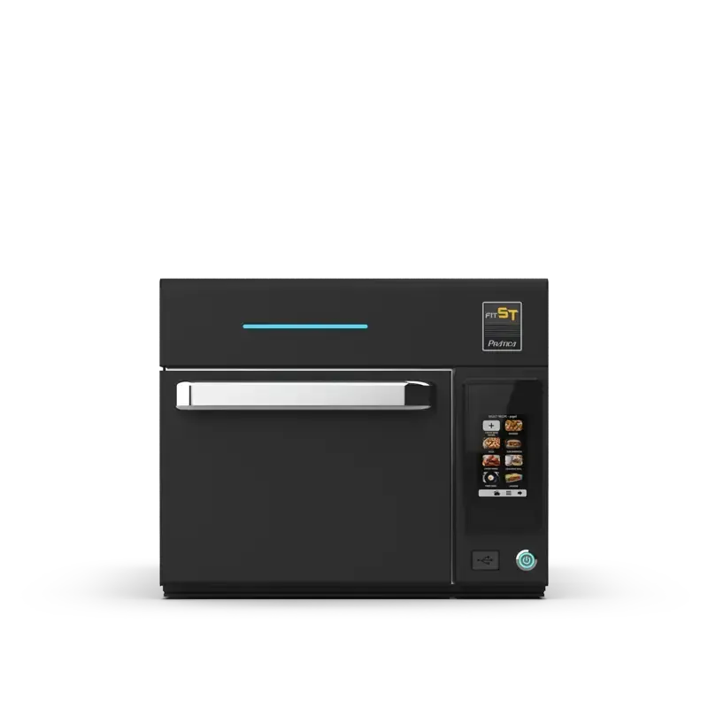 Un horno negro con un mango blanco y una luz verde en la puerta.
