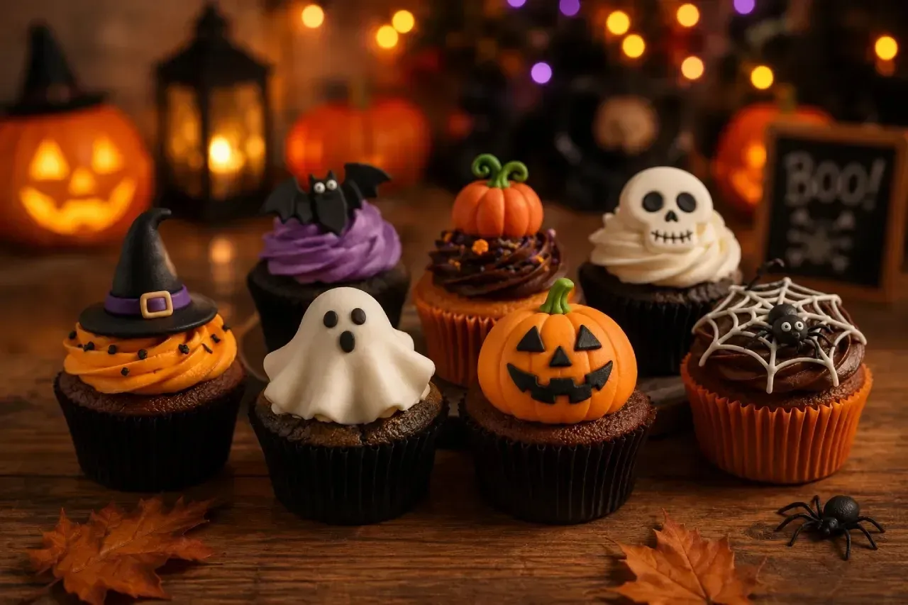 Cupcakes decorados con calabazas, fantasmas, brujas y arañas para Halloween 