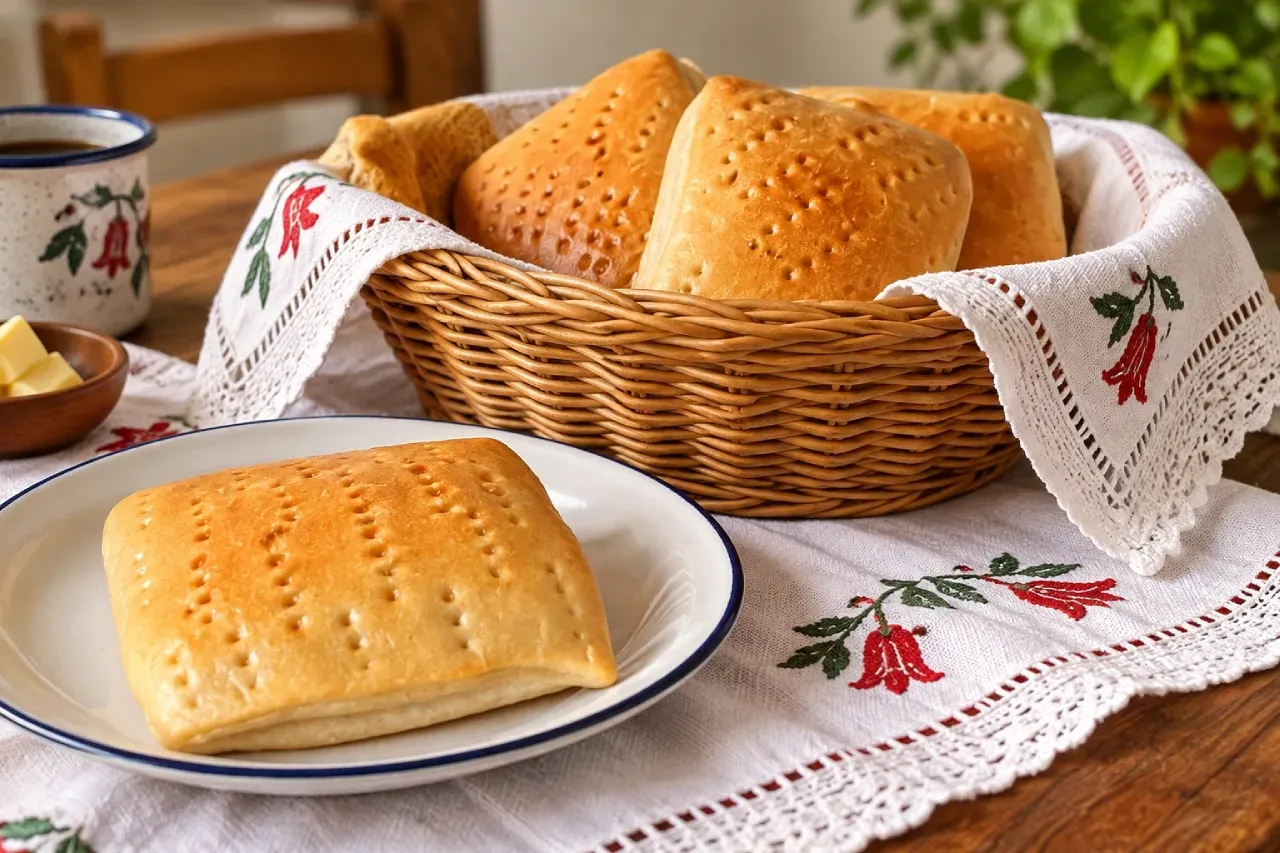 Pan coliza chileno de formato rectangular y superficie picada, servido en plato y cesta 
