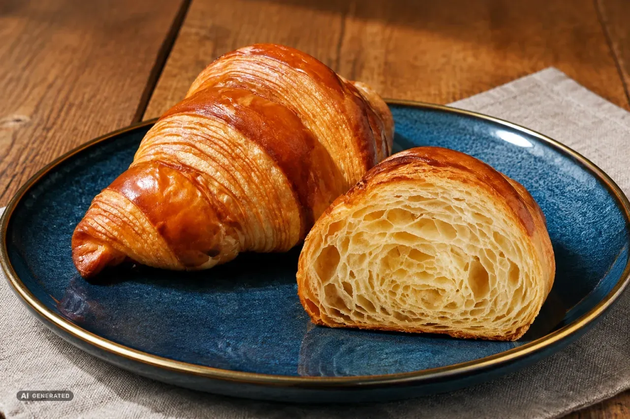 Pan croissant dorado junto a croissant cortado con capas laminadas y miga alveolada.