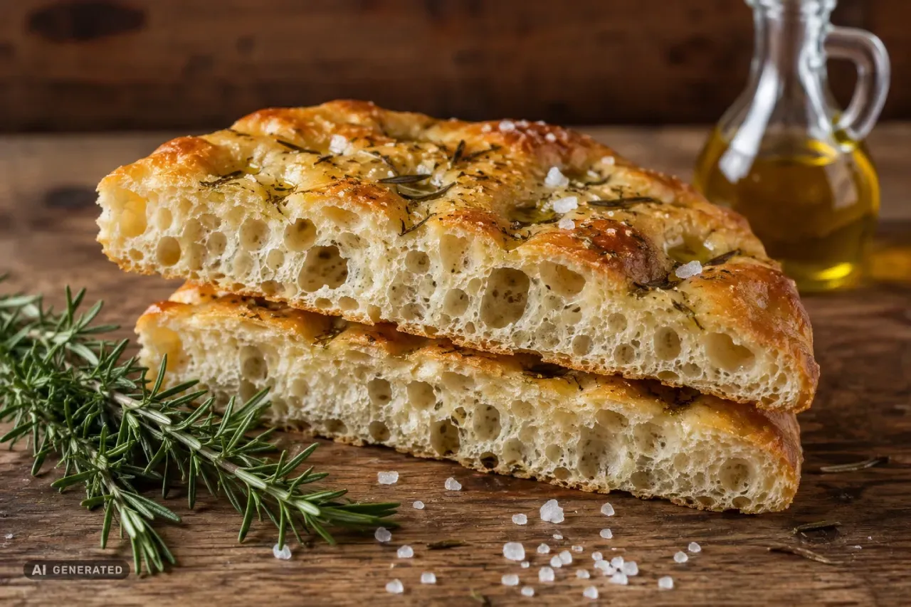 Pan focaccia con miga aireada y alveolada, romero, sal gruesa y aceite de oliva.