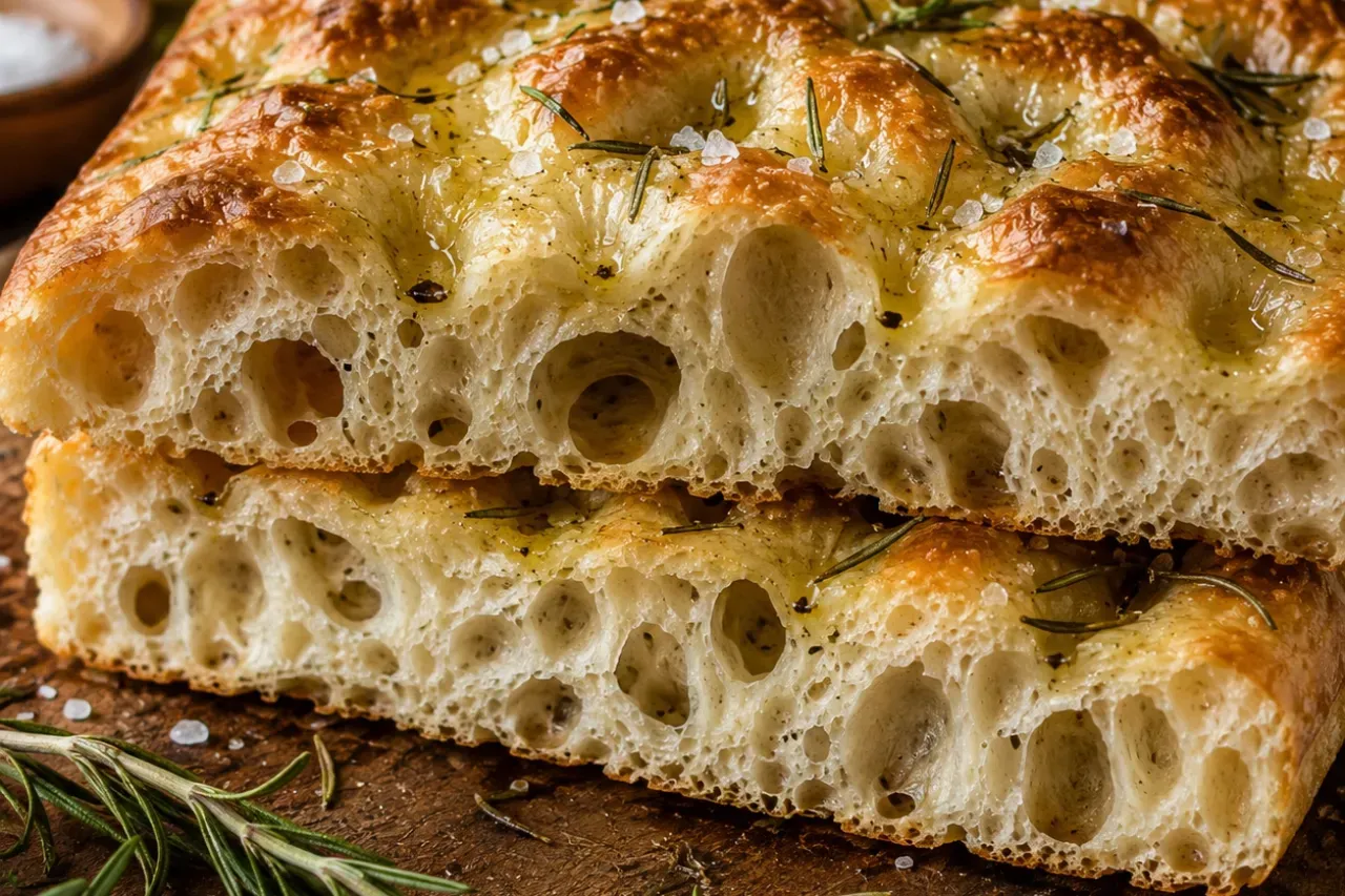 Pan focaccia con miga aireada y alveolada, romero, sal gruesa y aceite de oliva.