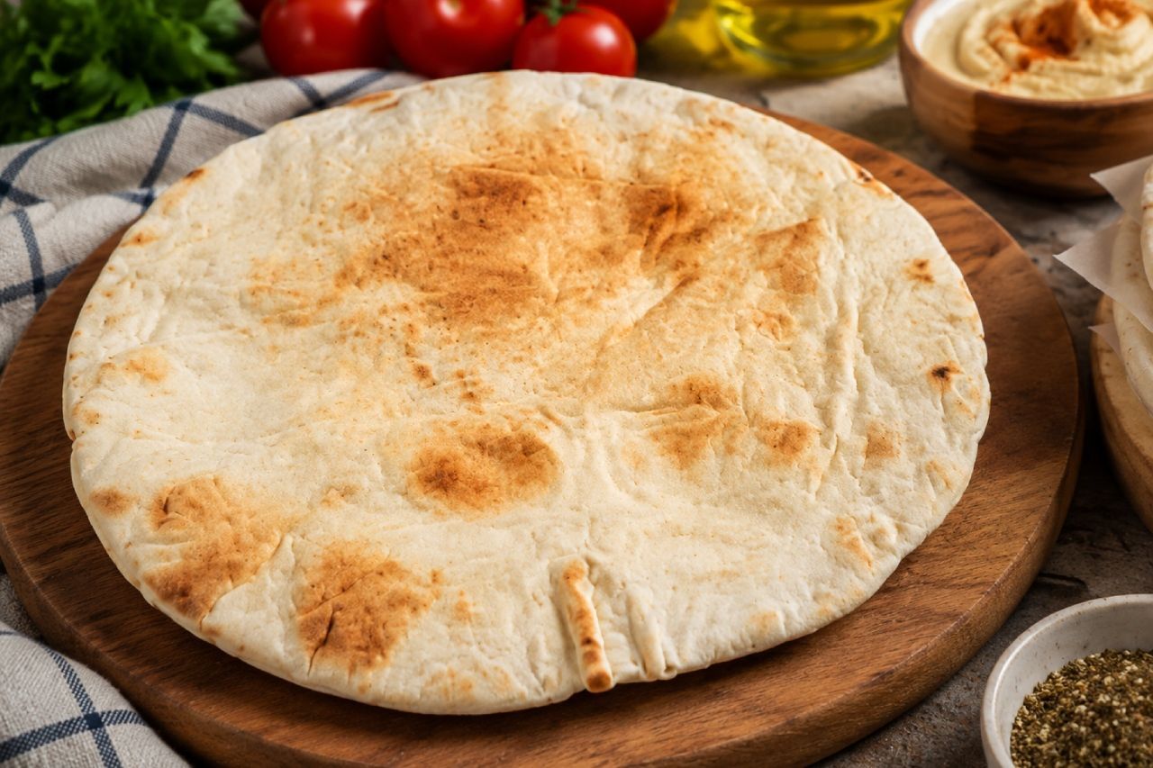 Pan libanés plano y horneado sobre tabla de madera, acompañado de hummus, tomates, aceite 