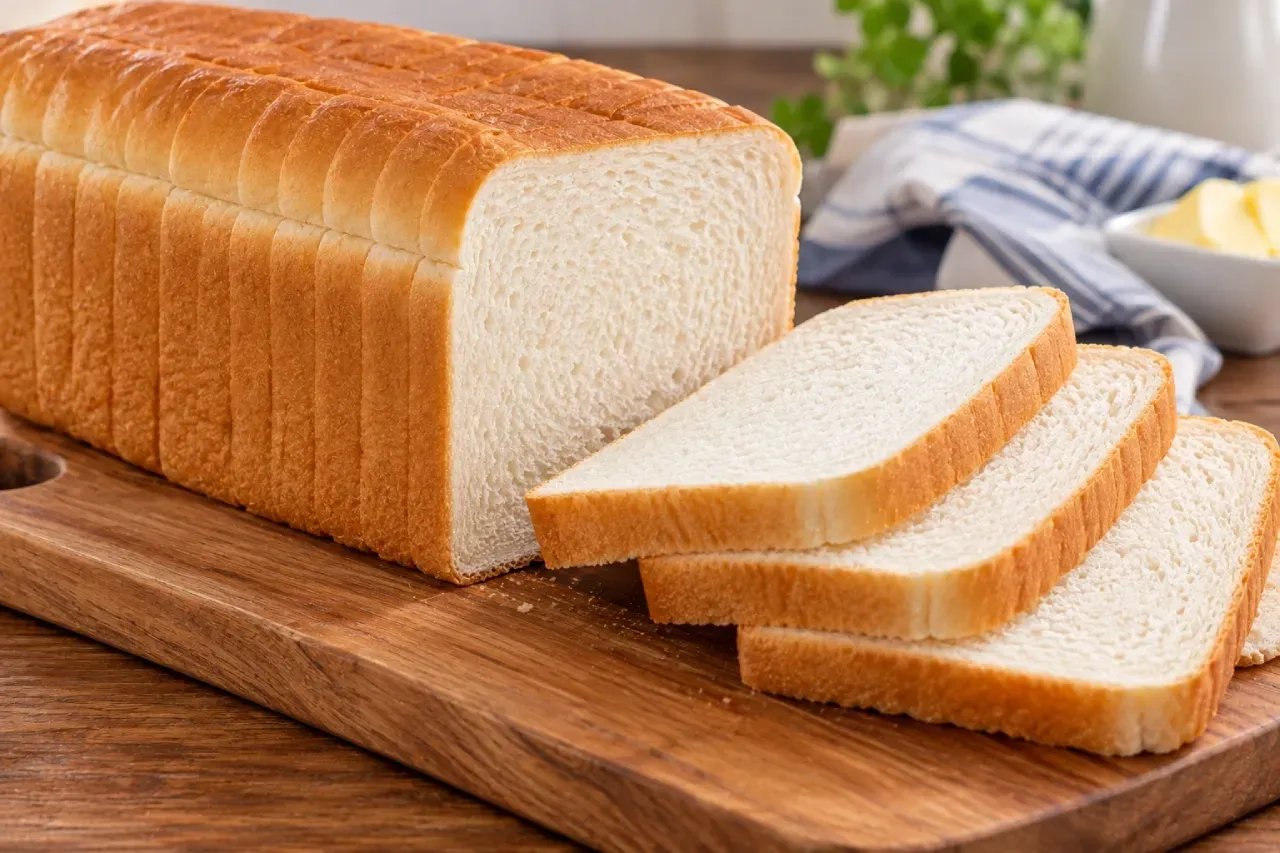 Pan de molde blanco rebanado, con corteza dorada y miga suave y esponjosa