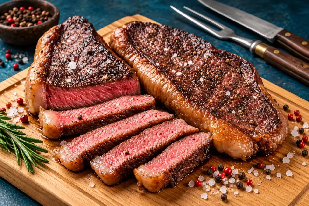 Picaña o punta de ganso a la parrilla, cortada en rebanadas jugosas con interior rosado