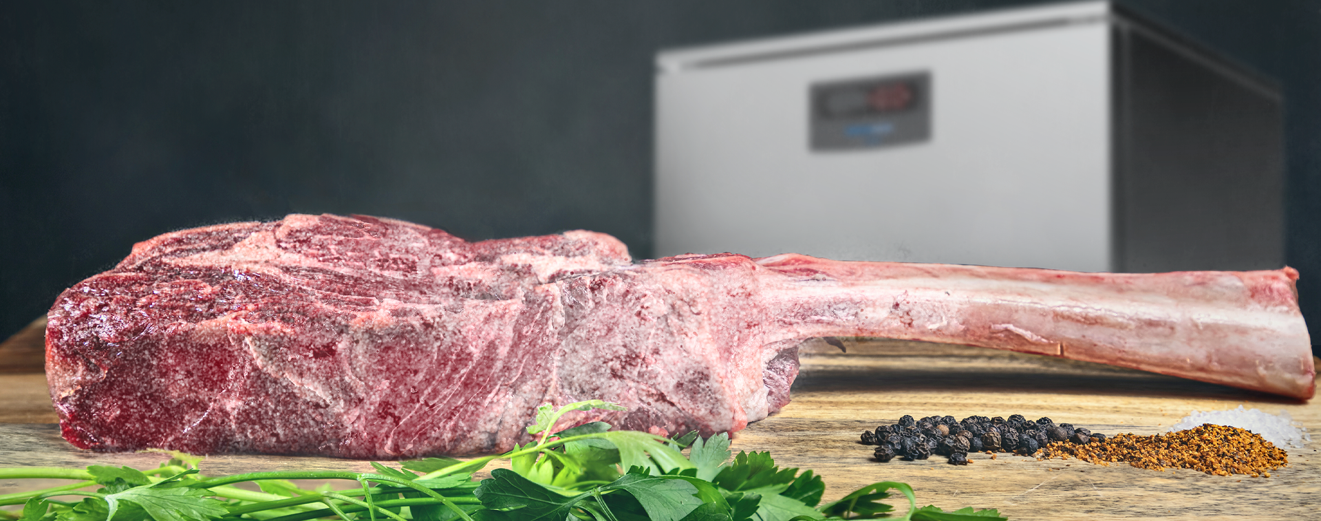 Un gran trozo de carne reposa sobre una tabla de cortar de madera.