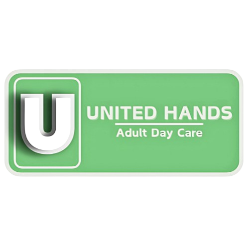 The logo for united hands adult day care is green and white.