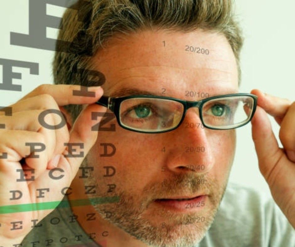 A Person Adjusts Their Glasses While Looking at a Blurred Eye Chart — Peninsula Eyecare Izzards Optometrists in Woy Woy, NSW