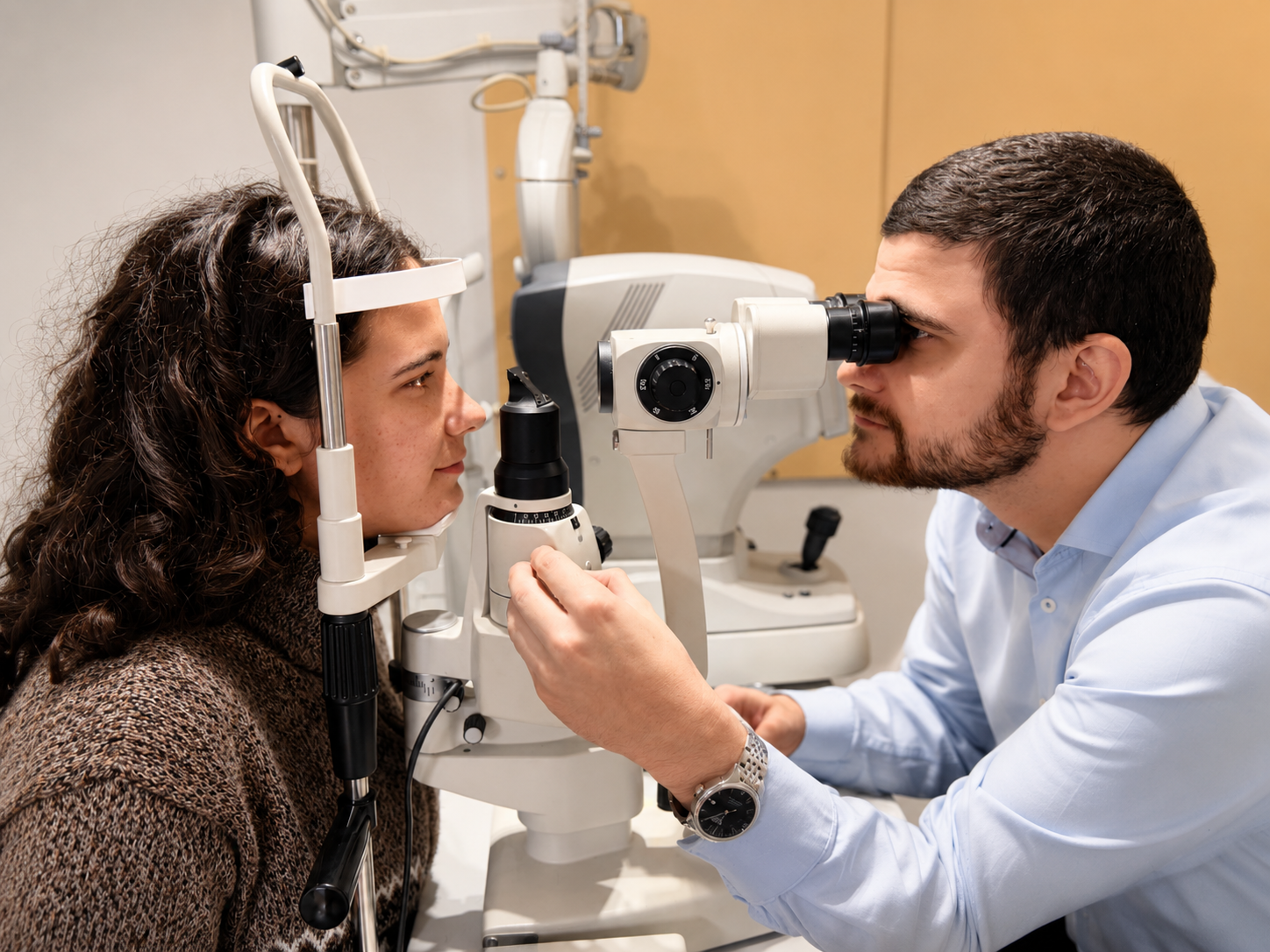 Eye exam in a clinic, with a doctor examining a patient's eye using a slit lamp— Peninsula Eyecare Izzards Optometrists in Woy Woy, NSW