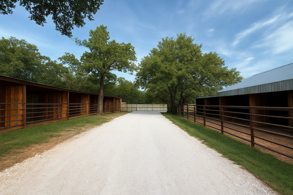 Gravel driveway leads to gated area flanked by wooden horse stalls, under blue sky with trees.