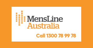 MensLine Australia logo: white rectangle with logo and phone number on orange background.