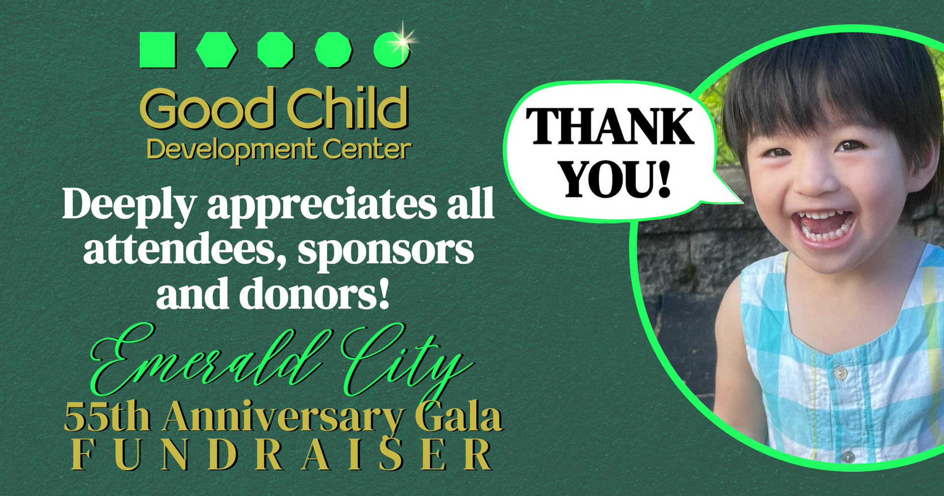 Good Child Development Center fundraiser flyer with smiling child, “Thank You!” and donation appeal