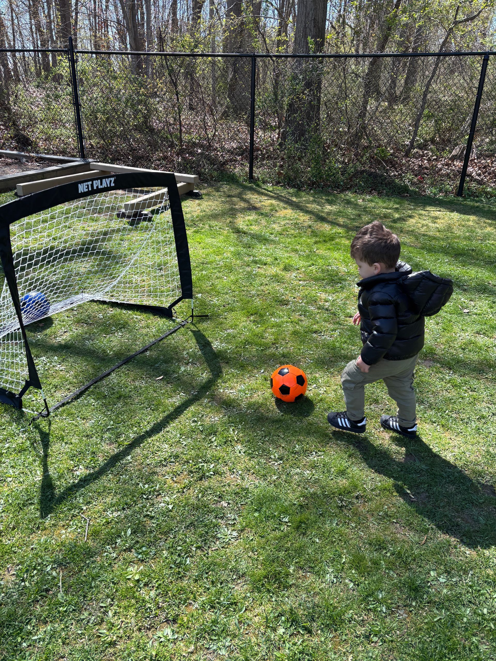 Toddler kicking an orange soccer ball near a small goal in a sunny grassy backyard.