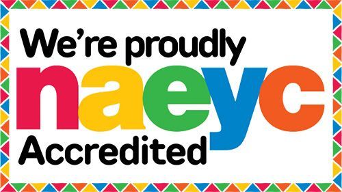 “We’re proudly naeyc Accredited” logo in black, red, orange, green, and blue with a multicolored border