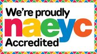 “We’re proudly naeyc Accredited” logo in black, red, orange, green, and blue with a multicolored border