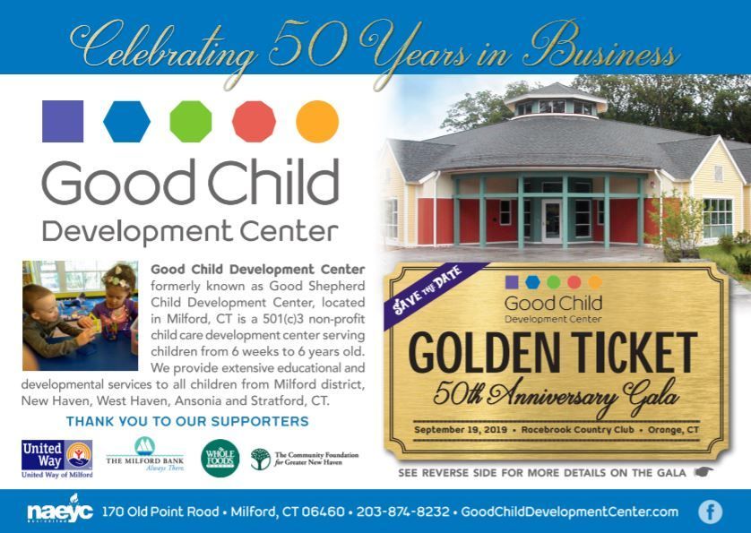Good Child Development Center anniversary flyer with church building, children, and golden ticket promotion