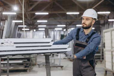 Factory worker moving aluminum window profiles in warehouse Factory worker moving aluminum window profiles in warehouse