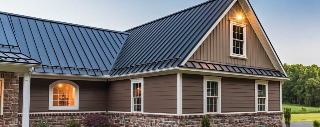 A large house with a metal roof and brown siding.