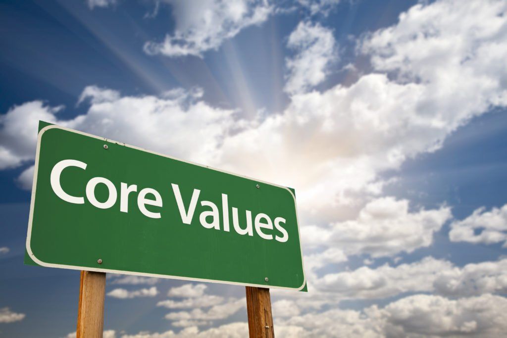 A green sign that says core values on it