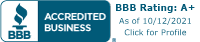 A blue sign that says bbb rating a+ as of 10/12/2021