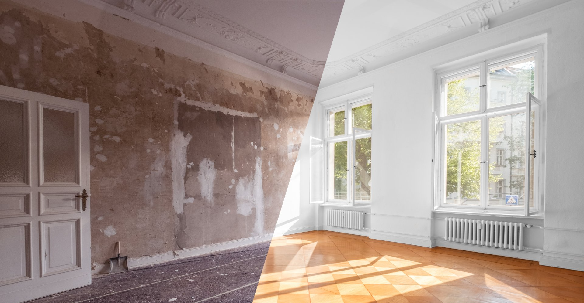 A before and after photo of an empty room with wooden floors.