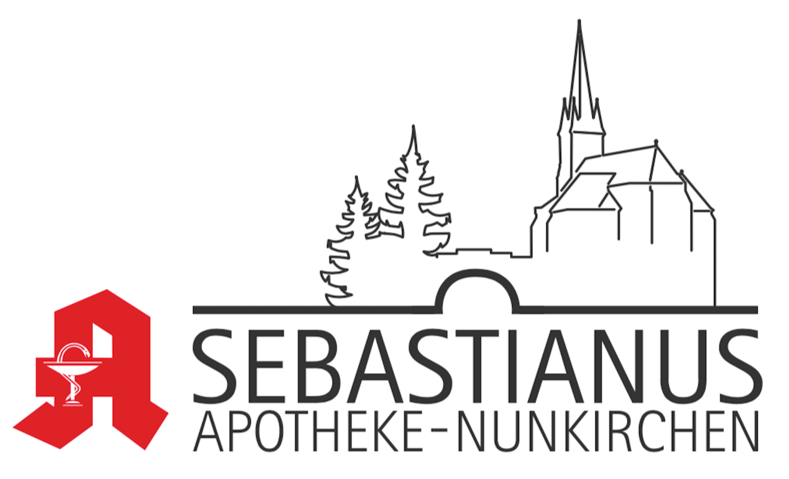 Ein Logo für die Sebastianus-Apotheke Nunkirchen mit einer Zeichnung einer Kirche und Bäumen.