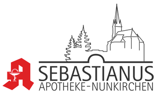 Ein Logo für die Sebastianus-Apotheke Nunkirchen mit einer Zeichnung einer Kirche und Bäumen.