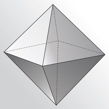Octahedron
Formed by placing two square based pyramids base to base, the Octahedron has 8 triangular faces, 6 vertices and 12 edges. It is associated with the element of Air and corresponds to the Throat Chakra and Thyroid Gland. Air is all about communication, expression, speaking your truth and living your truth. Working with this shape assists with honesty, transparency and liberation from judgement and gossip.
