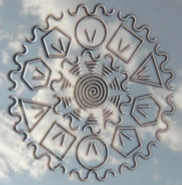 The Platonic Solids Symbol
Whatever you place into the center of the symbol will be cleared and uplifted. The average crystal takes about 5 minutes. You can feel the difference in the energy which becomes light and happy when the clearing is done. I advise everybody to pay attention to the first object you place onto the symbol, while it is being purified. Once you feel the joy that seems to come off the object once it reaches a level of clarity, you understand the symbol on a deeper level. Objects made from metal may take up 1/2 hour. Objects to place unto symbol are: Gems, jewelry, food and drink, sacred objects, statues, and pictures to name a few. Try putting your feet on one symbol each when you meditate. I personally do not work with crystals and gems unless I purified them on this symbol. After a healing I put my gems on the symbol to clear any energies that have been picked up. When I pass my hand over the symbol I can feel a cone of energy coming up from the center reaching more than a foot high. After I send chi into the center, the cone of energy gets several yards high. How does it work? You will notice the 2 dimensional representations of the platonic solids around the circle. The platonic solids represent the matrix by which atomic matter is organized. The spiral in the middle represents this spiral galaxy, or the central sun, or what is called Mount Meru in Hindu mythology. Please let us know about your experiences with this divine symbol so that we can share them with other viewers and seekers.