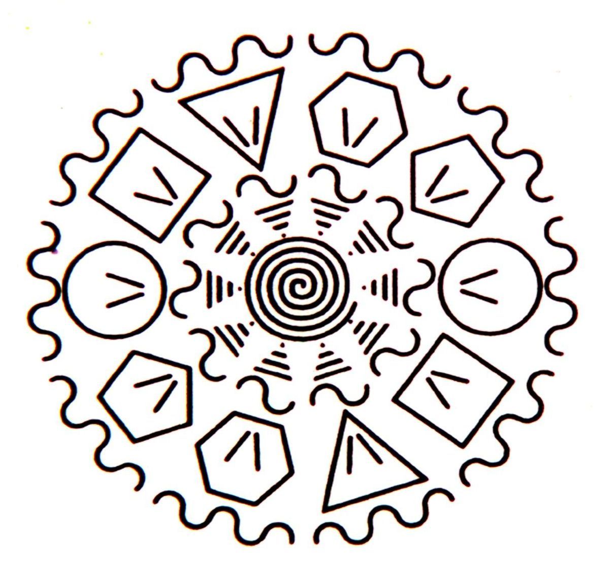 The Platonic Solids Symbol
Whatever you place into the center of the symbol will be cleared and uplifted. The average crystal takes about 5 minutes. You can feel the difference in the energy which becomes light and happy when the clearing is done. I advise everybody to pay attention to the first object you place onto the symbol, while it is being purified. Once you feel the joy that seems to come off the object once it reaches a level of clarity, you understand the symbol on a deeper level. Objects made from metal may take up 1/2 hour. Objects to place unto symbol are: Gems, jewelry, food and drink, sacred objects, statues, and pictures to name a few. Try putting your feet on one symbol each when you meditate. I personally do not work with crystals and gems unless I purified them on this symbol. After a healing I put my gems on the symbol to clear any energies that have been picked up. When I pass my hand over the symbol I can feel a cone of energy coming up from the center reaching more than a foot high. After I send chi into the center, the cone of energy gets several yards high. How does it work? You will notice the 2 dimensional representations of the platonic solids around the circle. The platonic solids represent the matrix by which atomic matter is organized. The spiral in the middle represents this spiral galaxy, or the central sun, or what is called Mount Meru in Hindu mythology. Please let us know about your experiences with this divine symbol so that we can share them with other viewers and seekers.