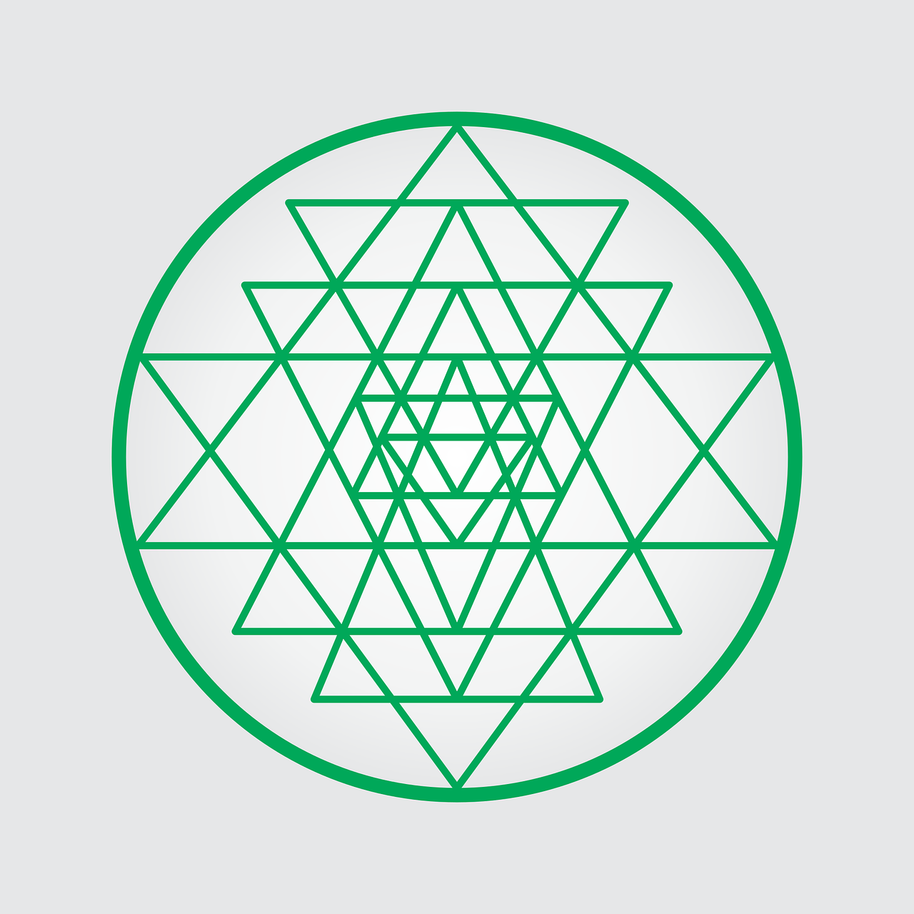 The Sri Yantra is an ancient symbol of great significance in Hindu philosophy and spirituality. Composed of nine interlocking triangles that radiate from a central point, it forms 43 smaller triangles, creating a web symbolic of the entire cosmos. These triangles represent the cosmos and the human body, with their interplay symbolising the union of the Divine Feminine and Divine Masculine.
The Sri Yantra is often used in meditation and worship in Hindu Tantra, serving as a tool for contemplating the divine and the universe. It is considered one of the most powerful symbols in Hinduism, embodying the essence of divine harmony and balance.