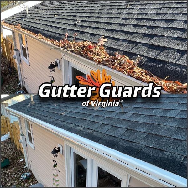 A before and after picture of a house with gutter guards of virginia on it.