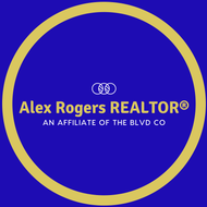 Alex Rogers REALTOR logo: blue circle, gold border, white text and intertwined design.