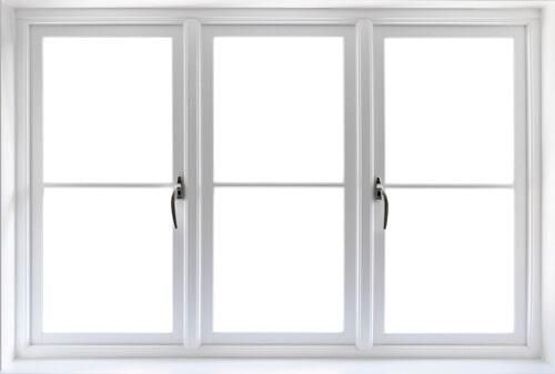 Una ventana blanca con tres ventanas y un fondo blanco.
