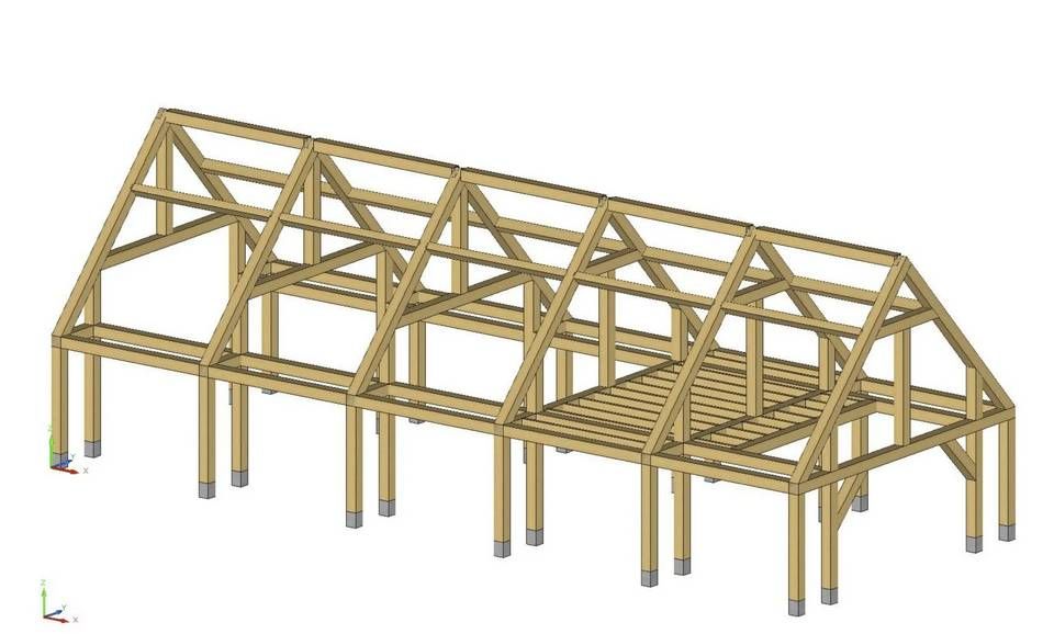 Een 3D-model van een houten constructie met een dak.