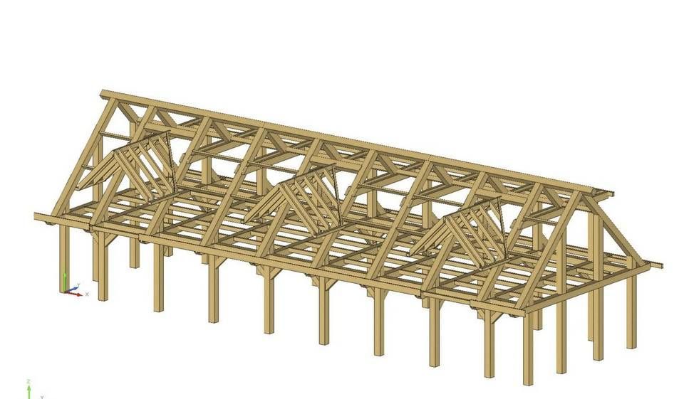 Een 3D-model van een houten structuur op een witte achtergrond.