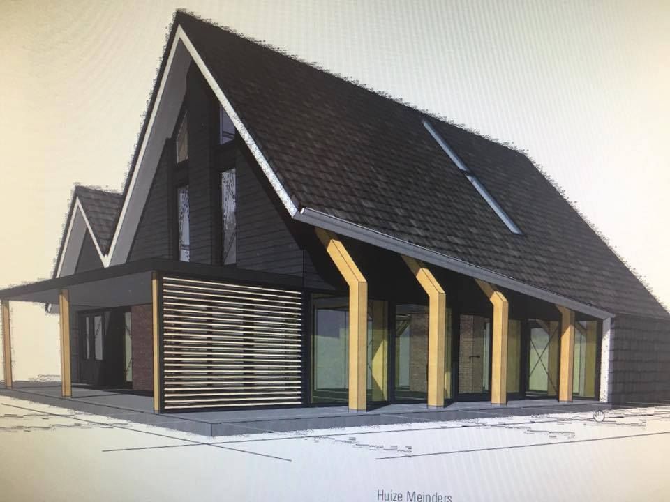 Een artist impression van een huis met een groot dak