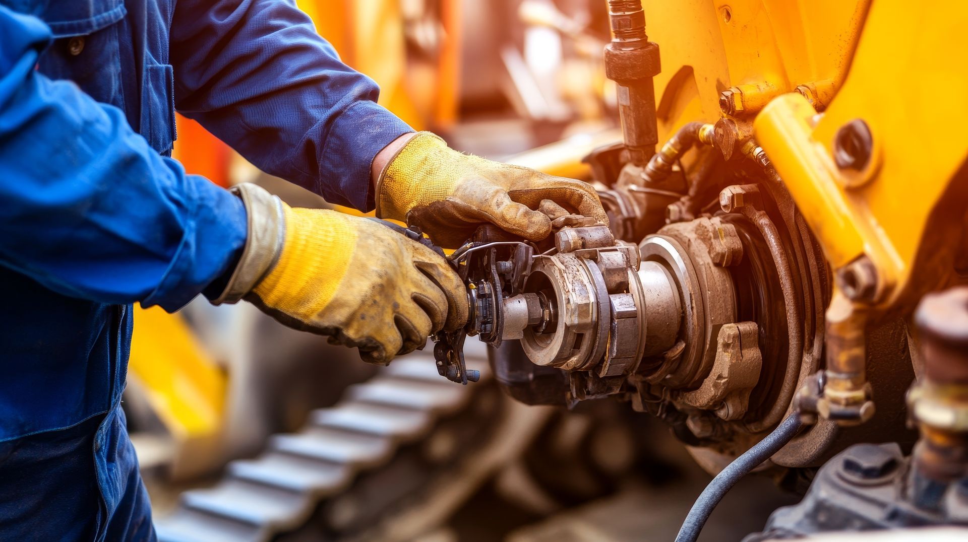 Une personne en uniforme bleu et gants de sécurité jaunes répare les composants mécaniques d'un véhicule de chantier jaune.
