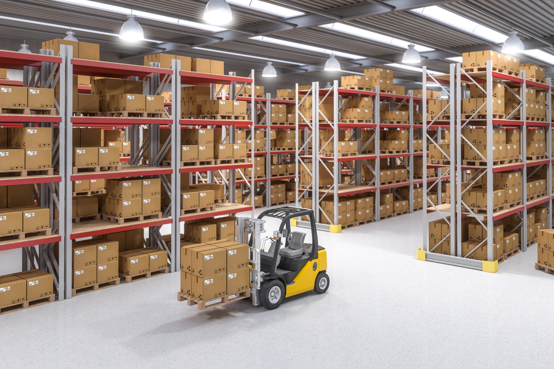 Warehouse aisle with stacked boxes on metal shelves and a forklift in the foreground