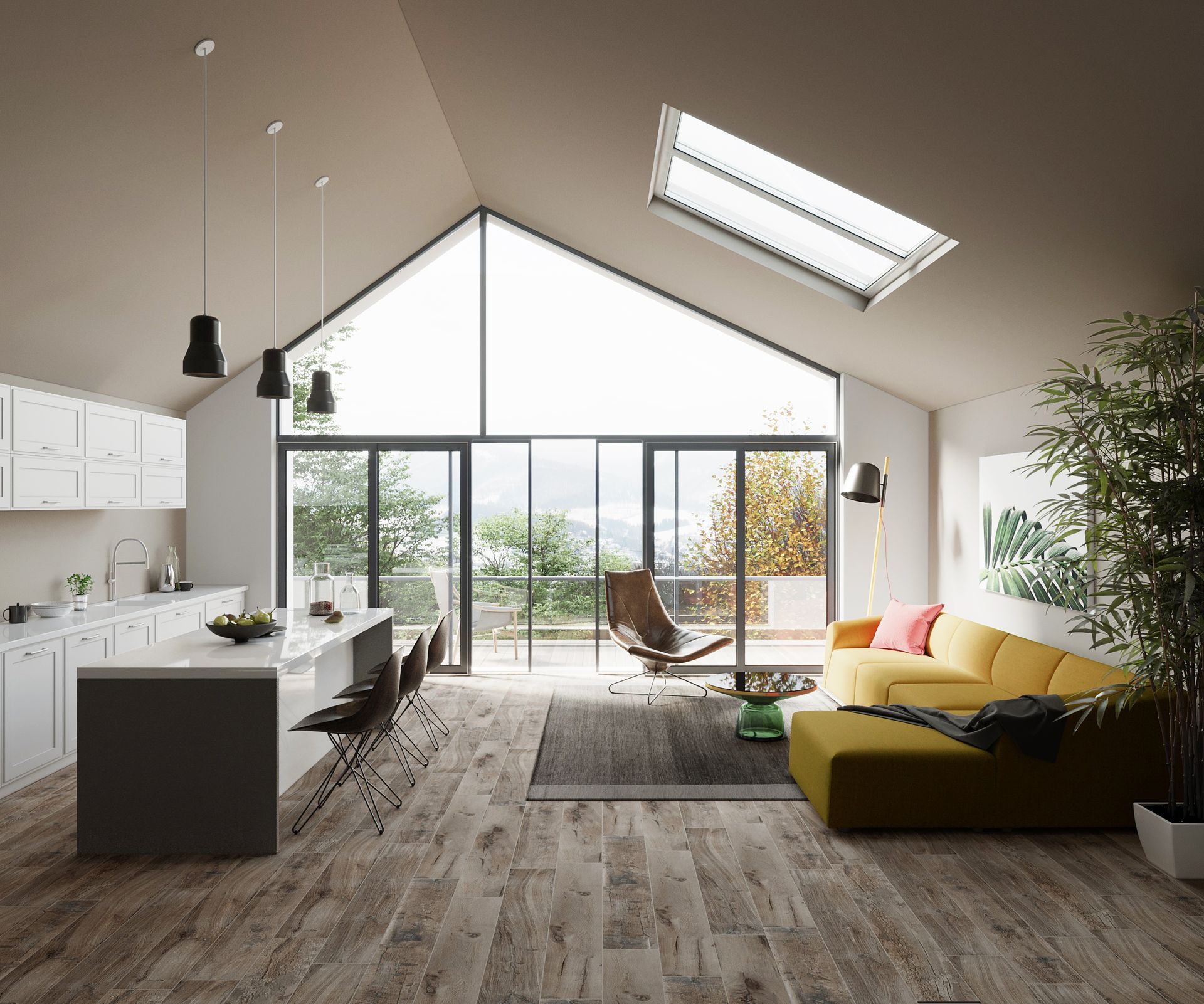 Bright modern loft living room with kitchen, skylight, glass doors, yellow sofa, and indoor plants