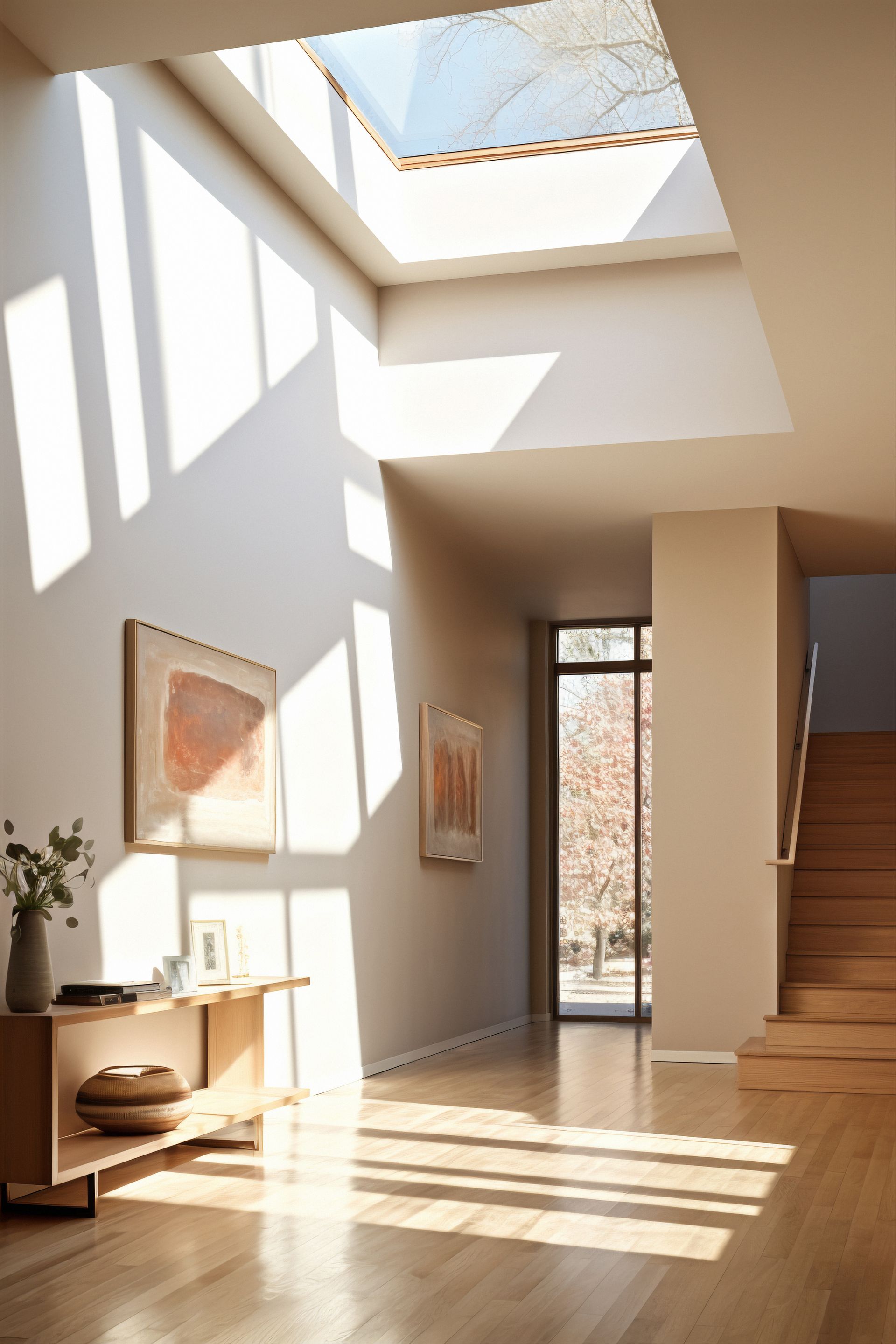 a hallway with a staircase leading up to the second floor