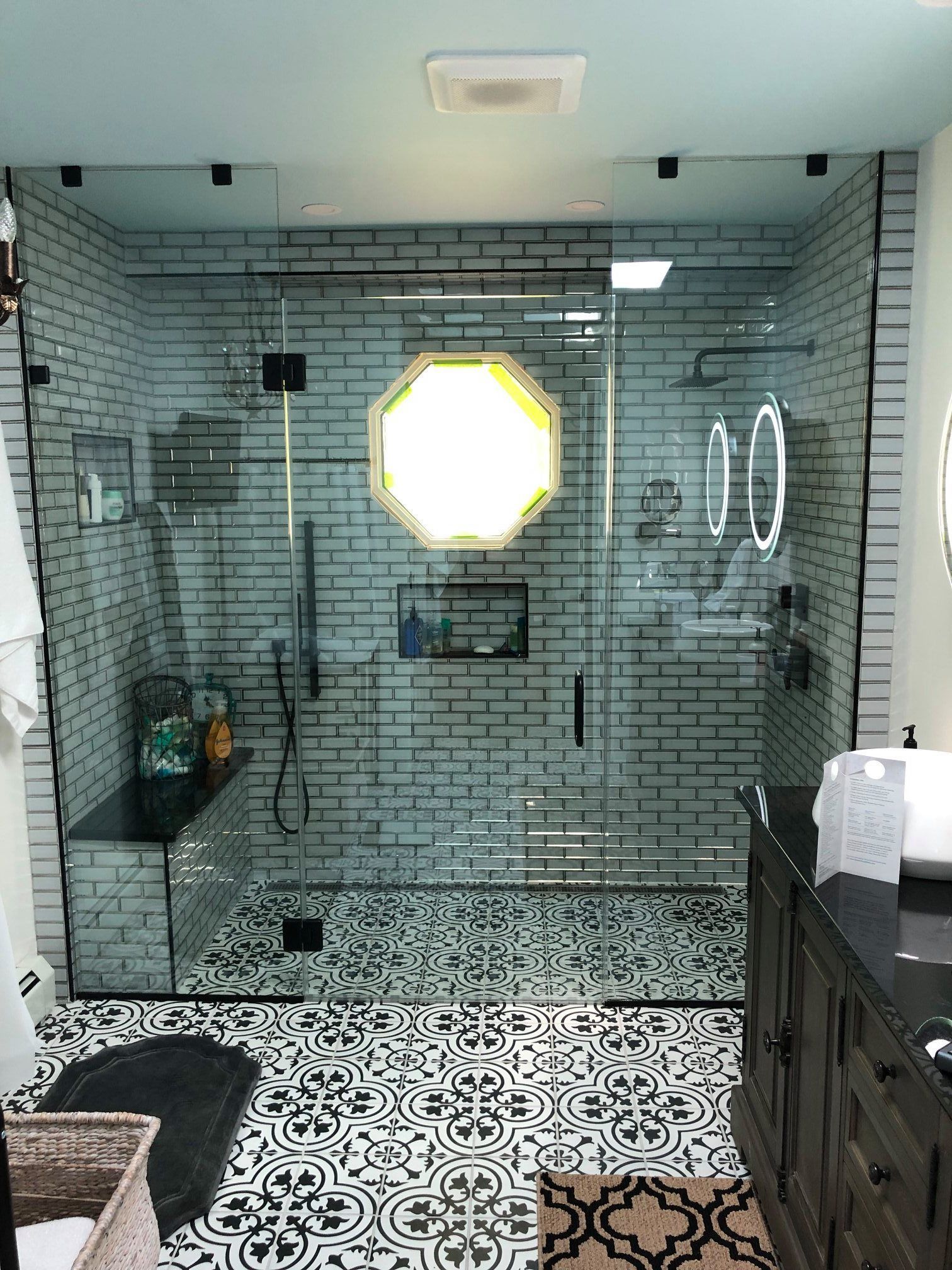 Bathroom with Glass Door and Brick Wall — Horsham, PA — Affordable Custom Enclosures, Inc.