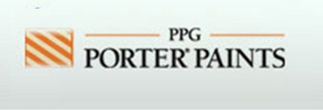 Logo for Porter Paints by PPG, featuring a square with diagonal stripes and text.