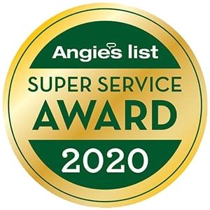 Angie's List Super Service Award 2020 badge, gold and green, circular design.
